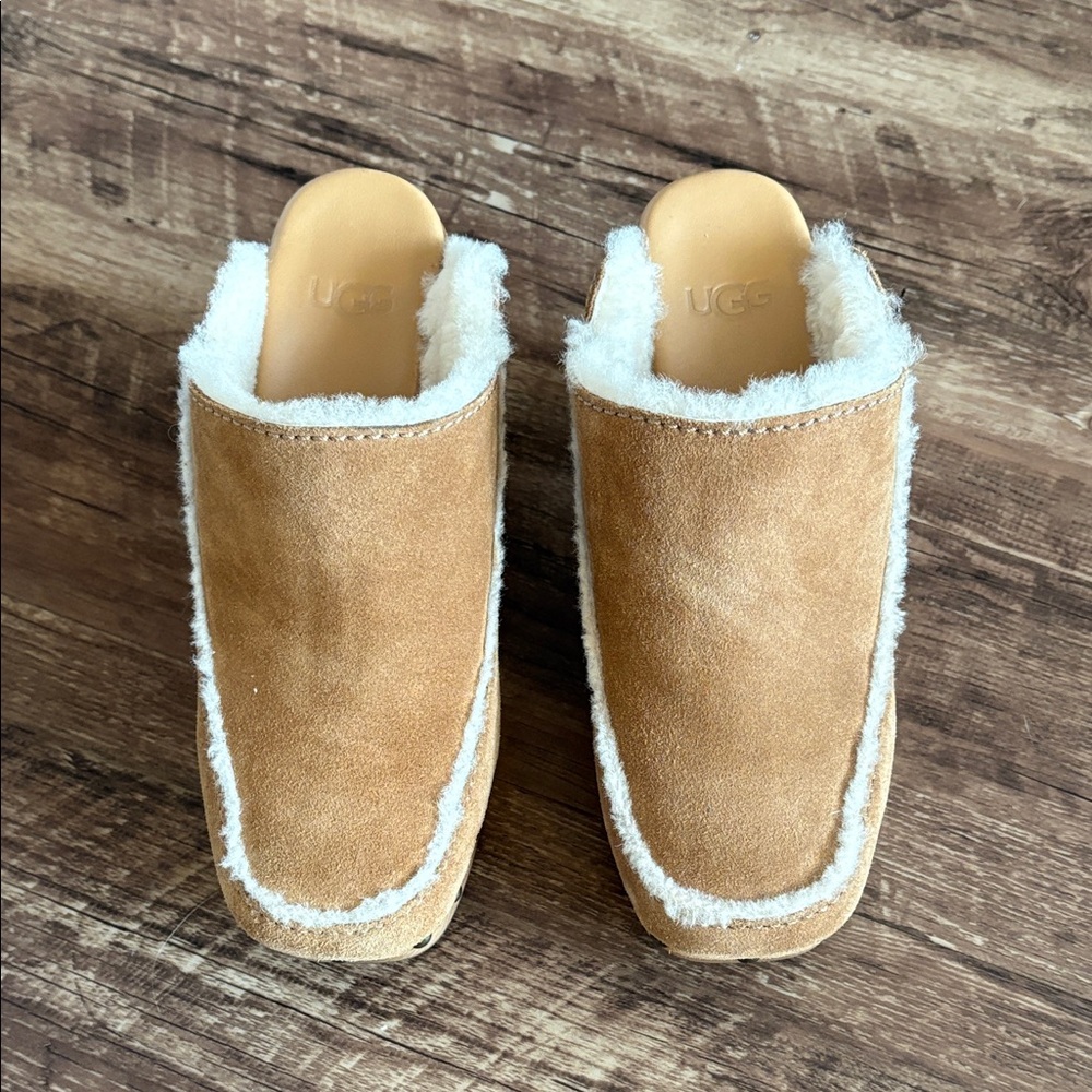 UGG Tan Suede Mules with Cream Fur Trim